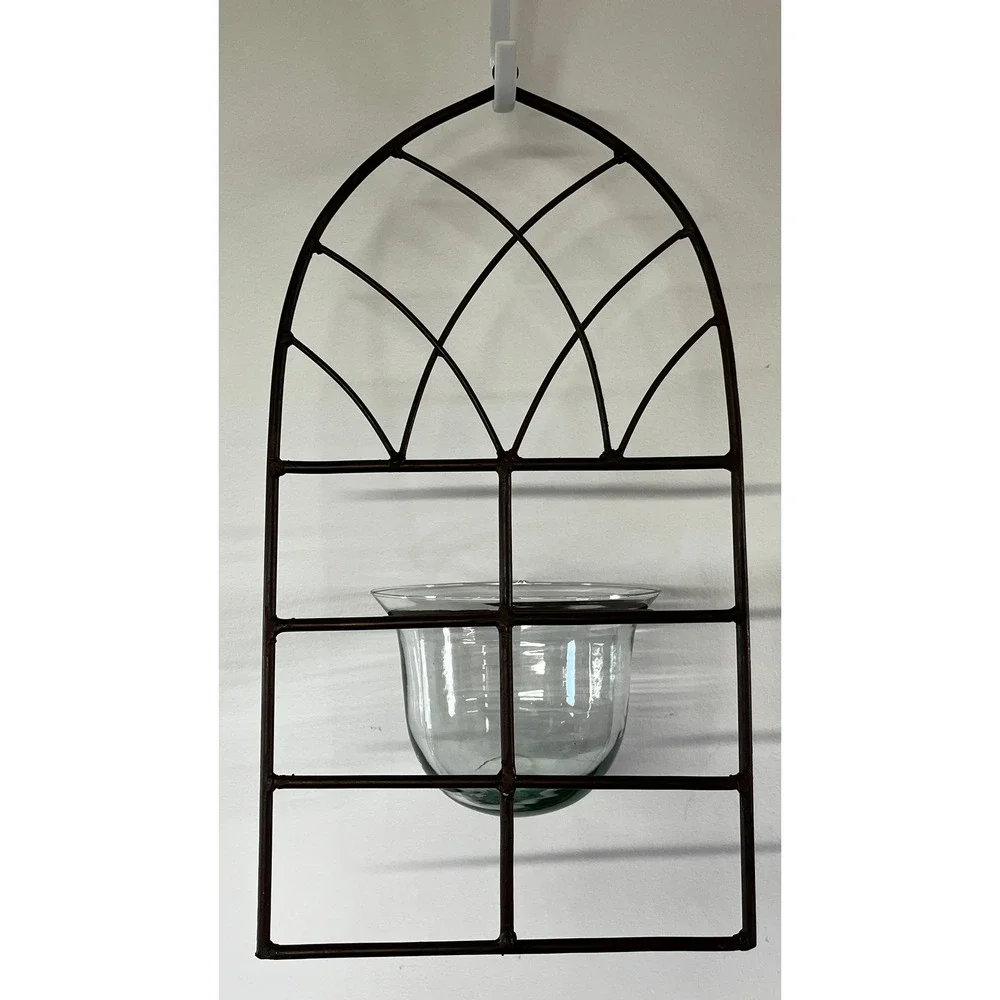 Arched Gothic Metal Wall Sconce Glass Hurricane Bowl Dark Brown Cathedral Decor
